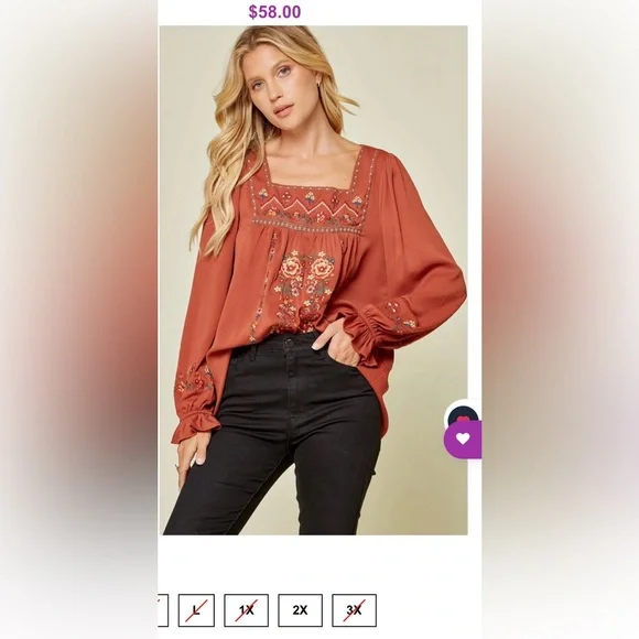 Savanna Jane Women’s Terracotta Embroidered Babydoll Rust Blouse S - Picture 4 of 10